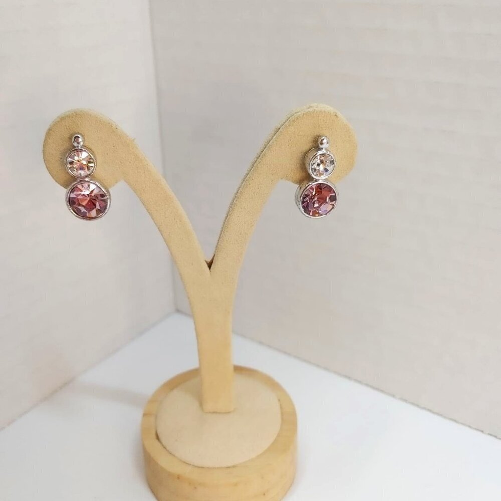 EARRINGS Silver Tone Metal pink Clear Rhinestone Dangle Costume Fashion